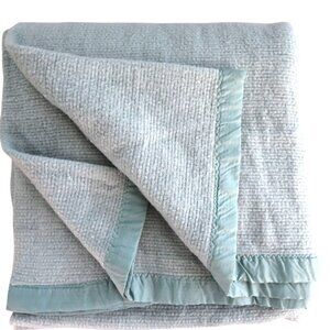 Vintage Twin Size Waffle Weave Acrylic Blanket Satin Trim Teal Blue Made in USA